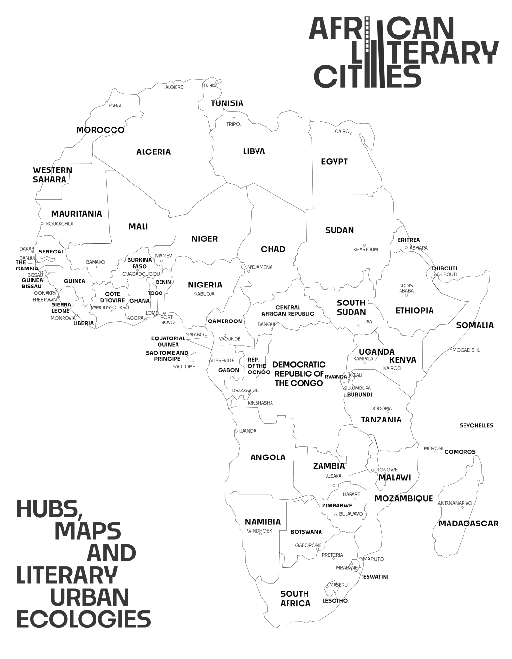 Map of the African continent with capital cities and logo of African Literary Cities project